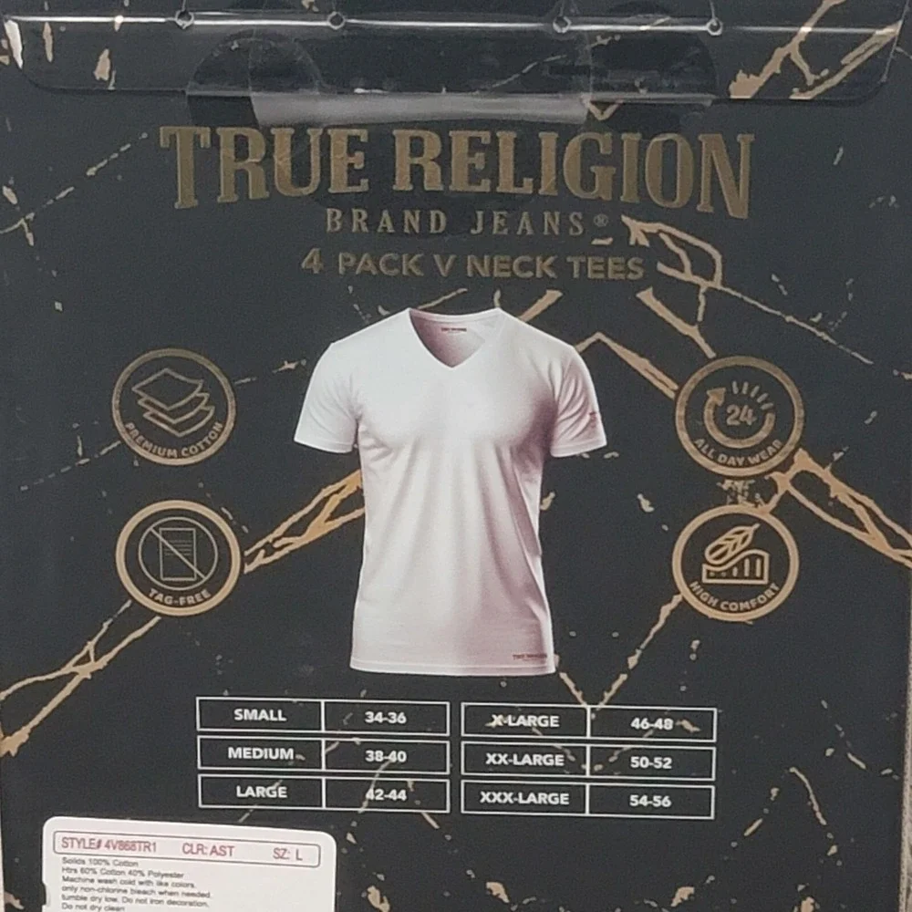 True‎ Religion T Shirts 4-Pack V Neck Mens Large (42-44) Cotton Multicolor Tees